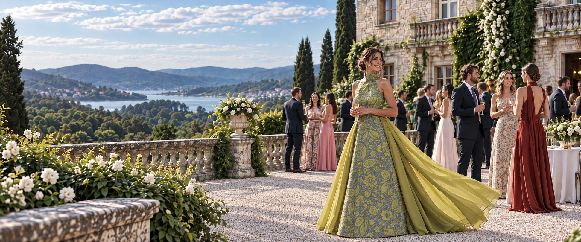 Invitada con vestido largo de jacquard verde lima en la terraza de una villa, con otros invitados de fiesta al fondo