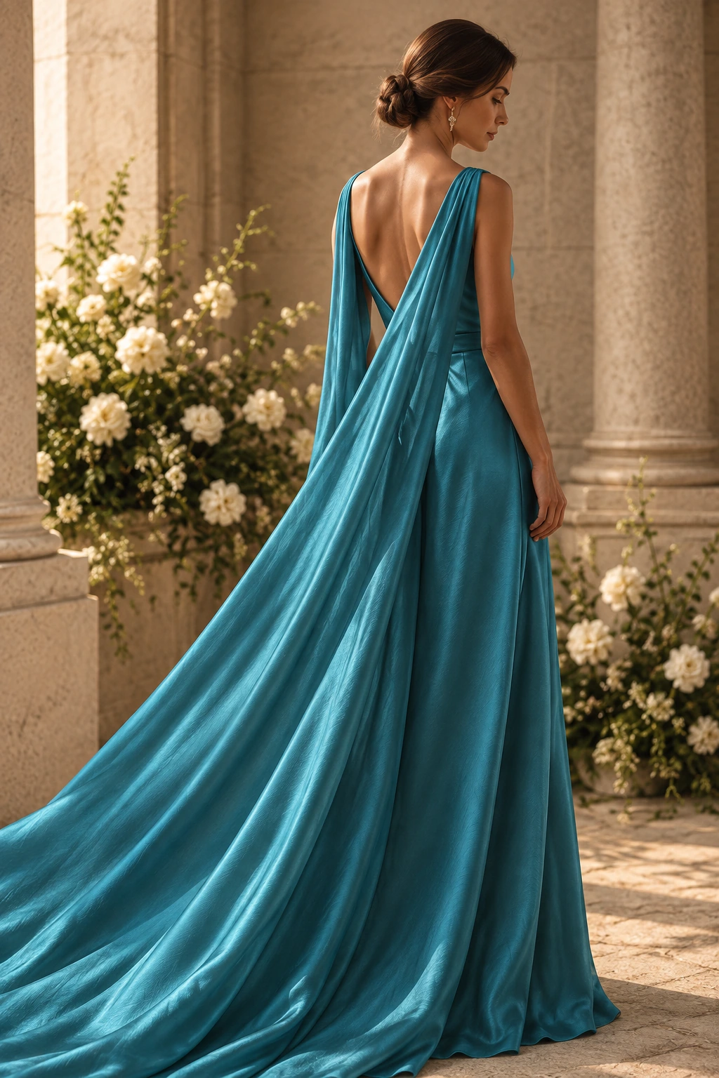 Vestido largo de ceremonia en satén azul turquesa con capa, visto de espaldas
